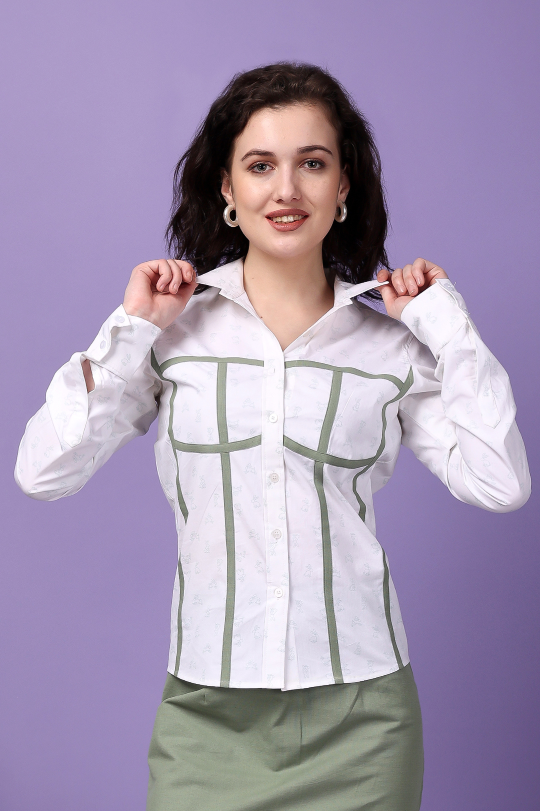 Custom Tailored Bespoke Cotton White Print Women Corset Shirt