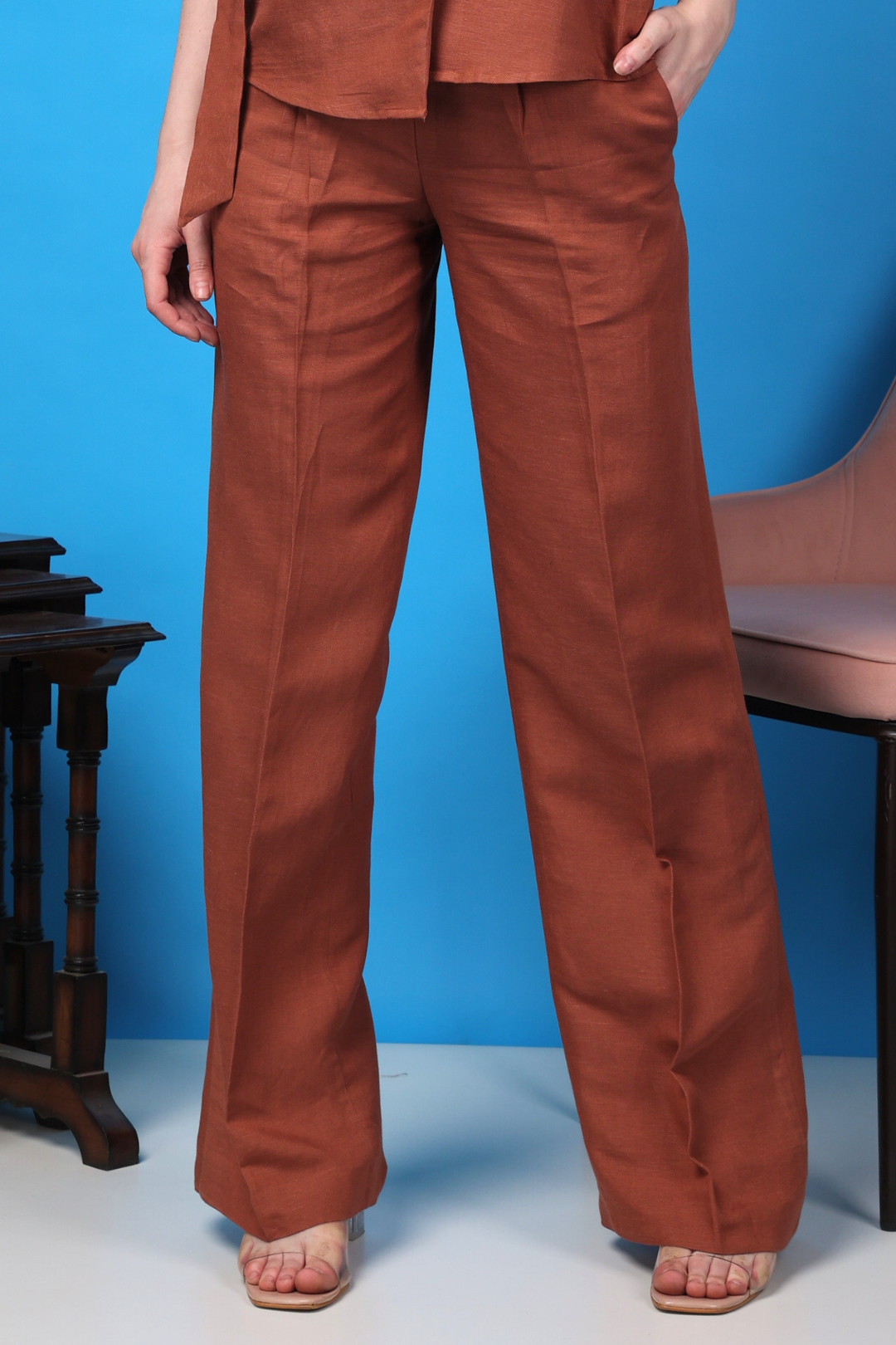 Custom Tailored Bespoke Cotton Linen Flame Orange Women Pants