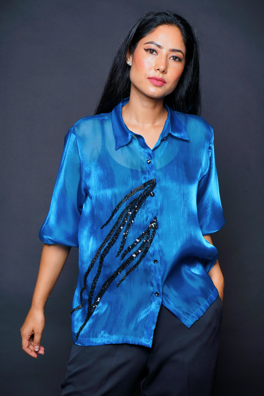 Custom Tailored Bespoke Sheer Blue Women Shirt