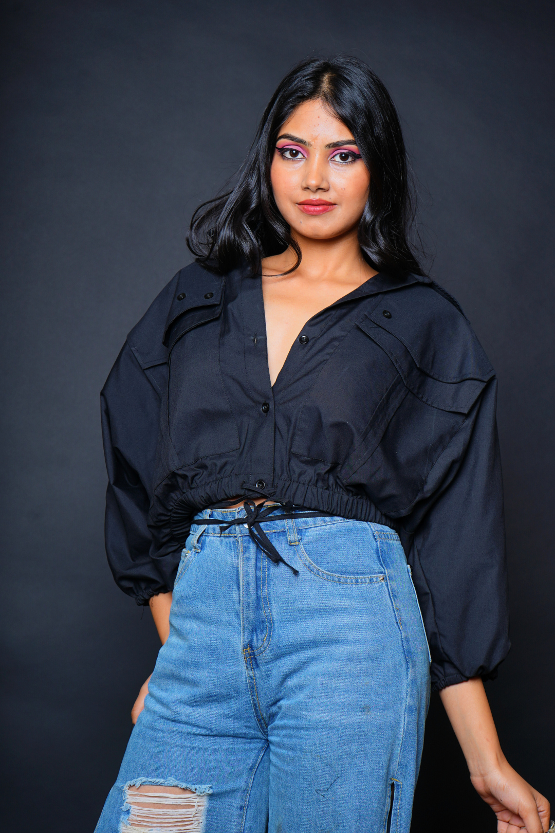 Custom Tailored Bespoke Black Women Oversized Crop Shirt