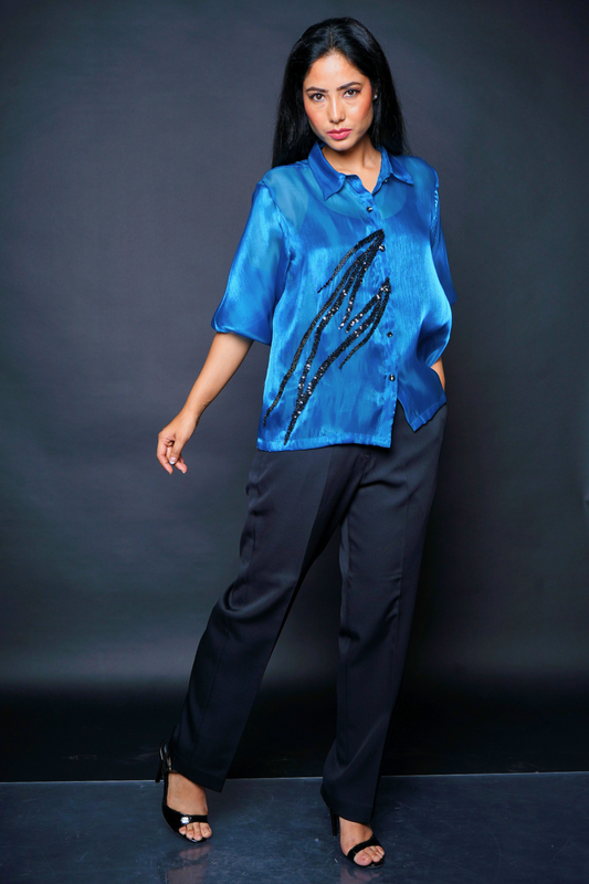 Custom Tailored Bespoke Sheer Blue Women Shirt