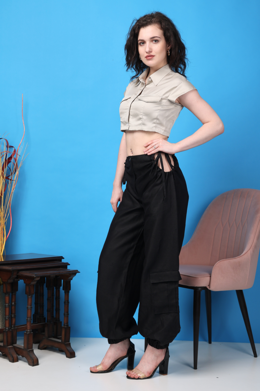 Custom Tailored Bespoke Women Black Linen Cargo Pants 