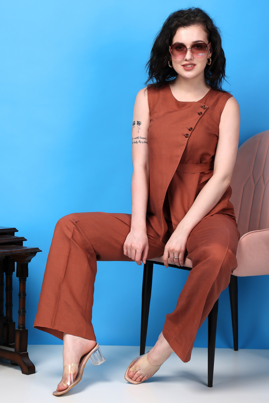 Custom Tailored Bespoke Cotton Linen Flame Orange Women Pants