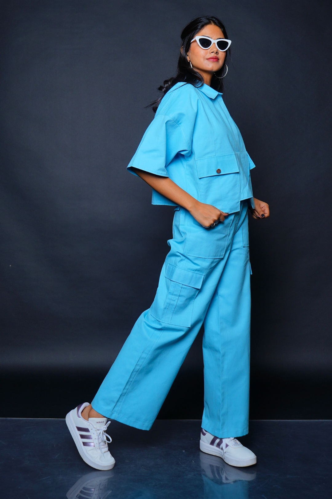 Custom Tailored Bespoke Twill Turquoise Blue Women Oversized Shirt