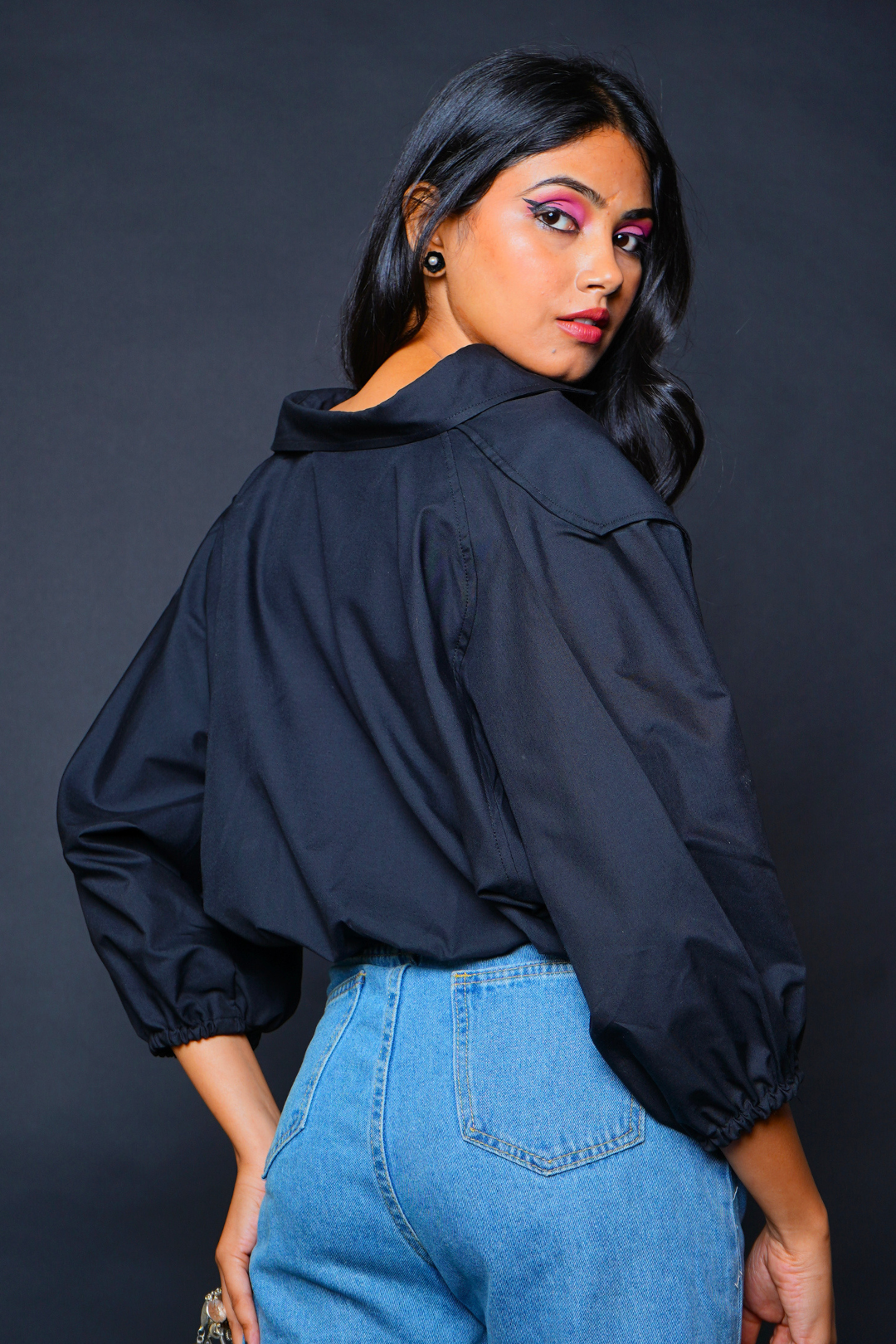 Custom Tailored Bespoke Black Women Oversized Crop Shirt