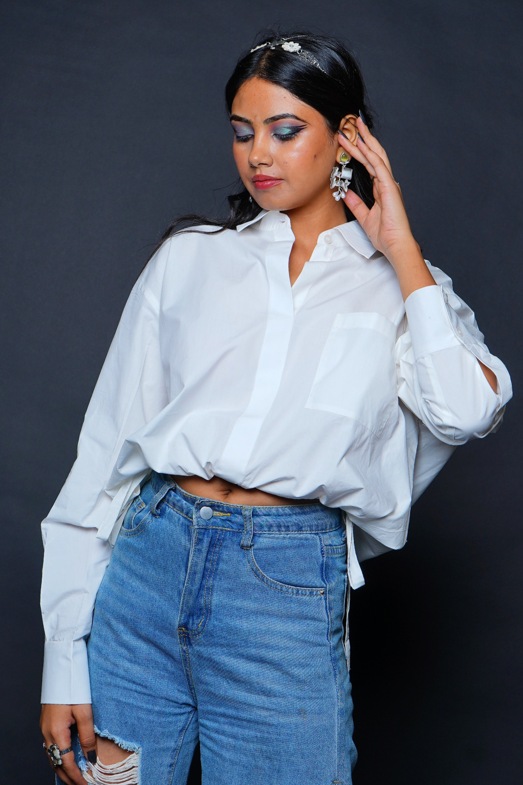 Custom Tailored Bespoke White Women Oversized Crop Shirt