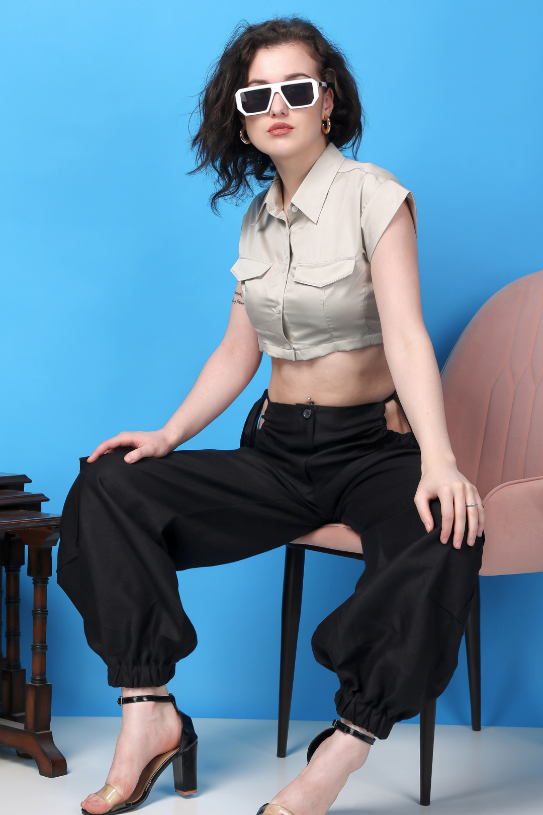 Custom Tailored Bespoke Women Black Linen Cargo Pants & Chrome Satin Crop Shirt