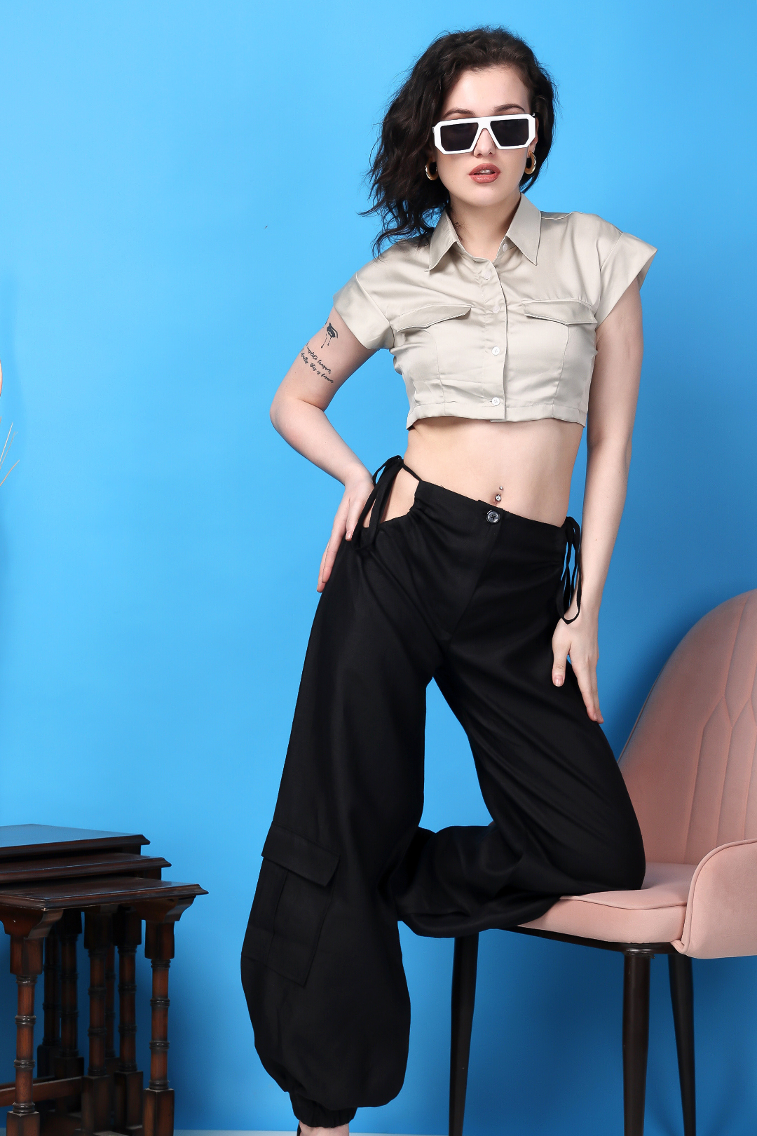 Custom Tailored Bespoke Women Black Linen Cargo Pants & Chrome Satin Crop Shirt