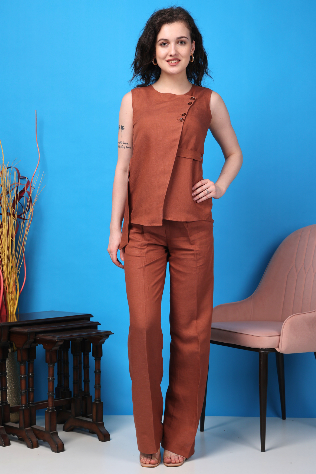 Custom Tailored Bespoke Cotton Linen Flame Orange Women Co Ord Set