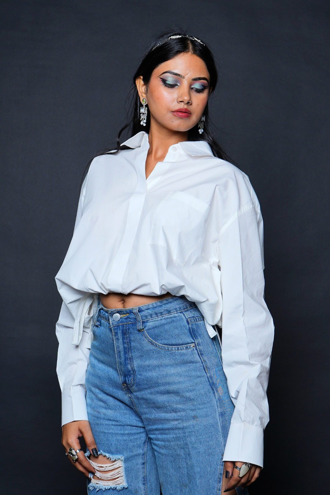 Custom Tailored Bespoke White Women Oversized Crop Shirt