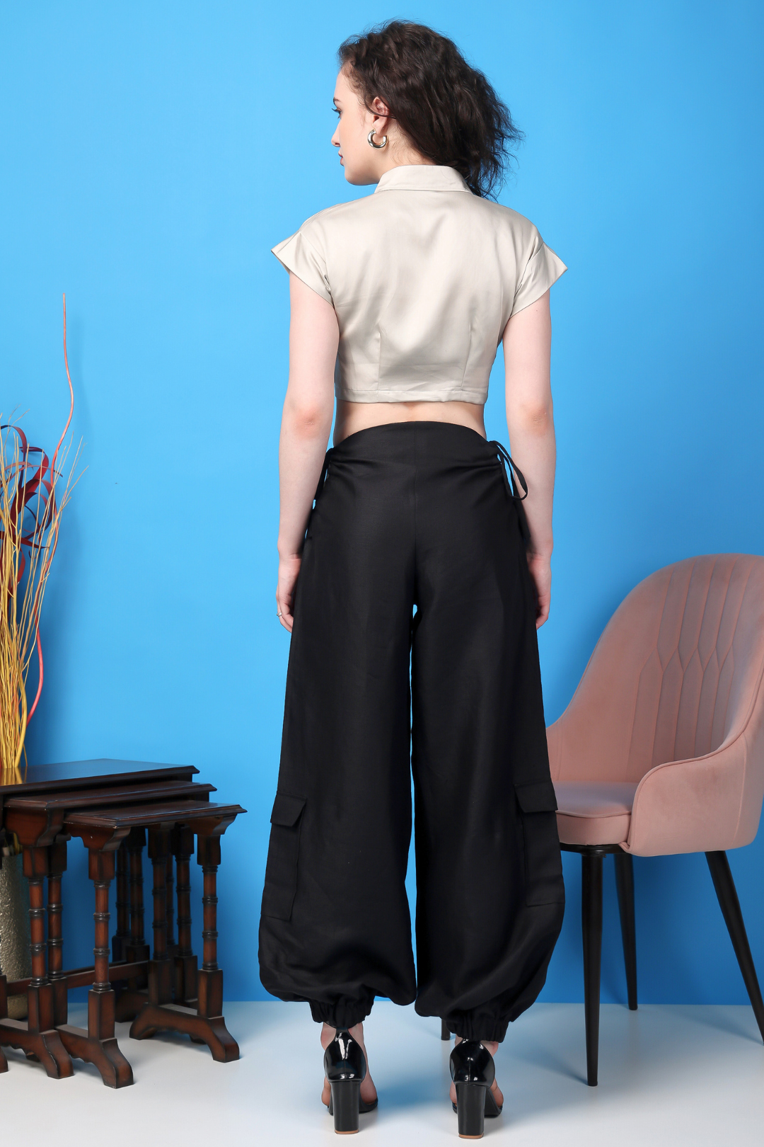 Custom Tailored Bespoke Women Black Linen Cargo Pants 