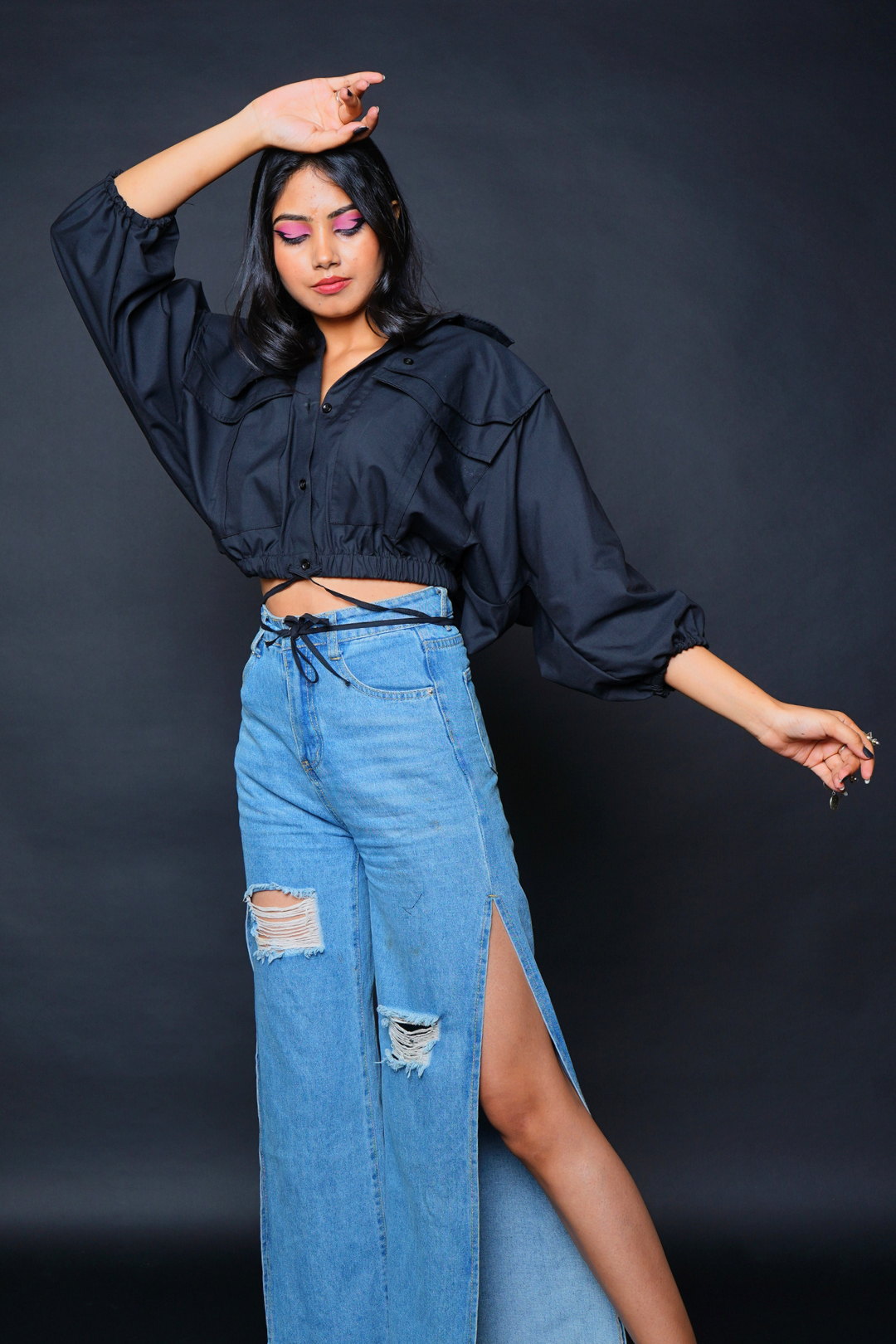 Custom Tailored Bespoke Black Women Oversized Crop Shirt