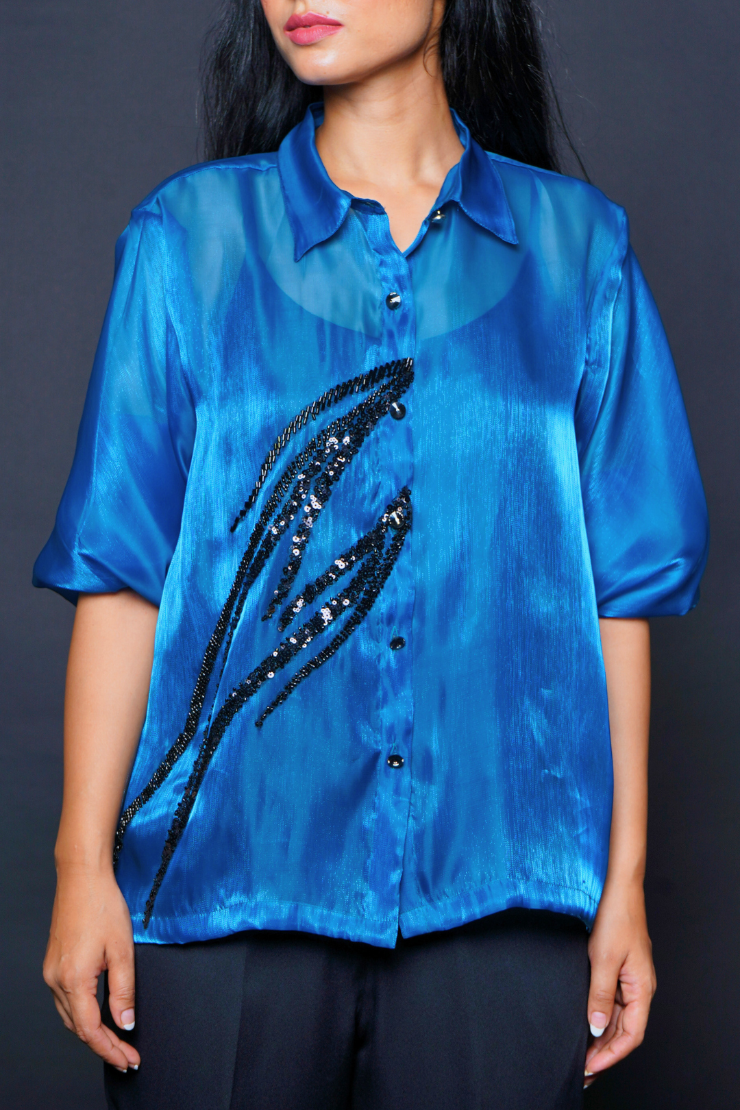 Custom Tailored Bespoke Sheer Blue Women Shirt