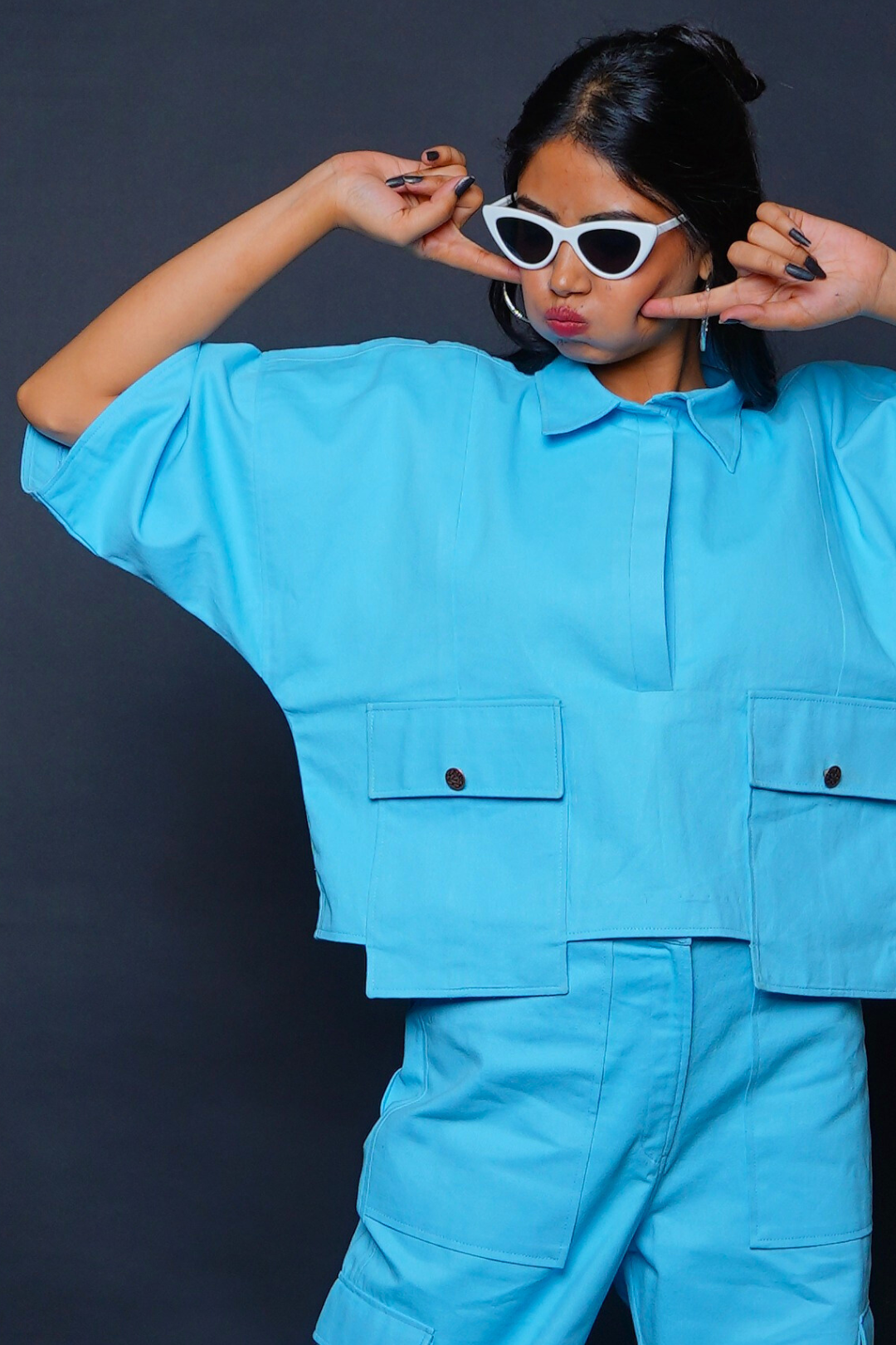 Custom Tailored Bespoke Twill Turquoise Blue Women Oversized Shirt