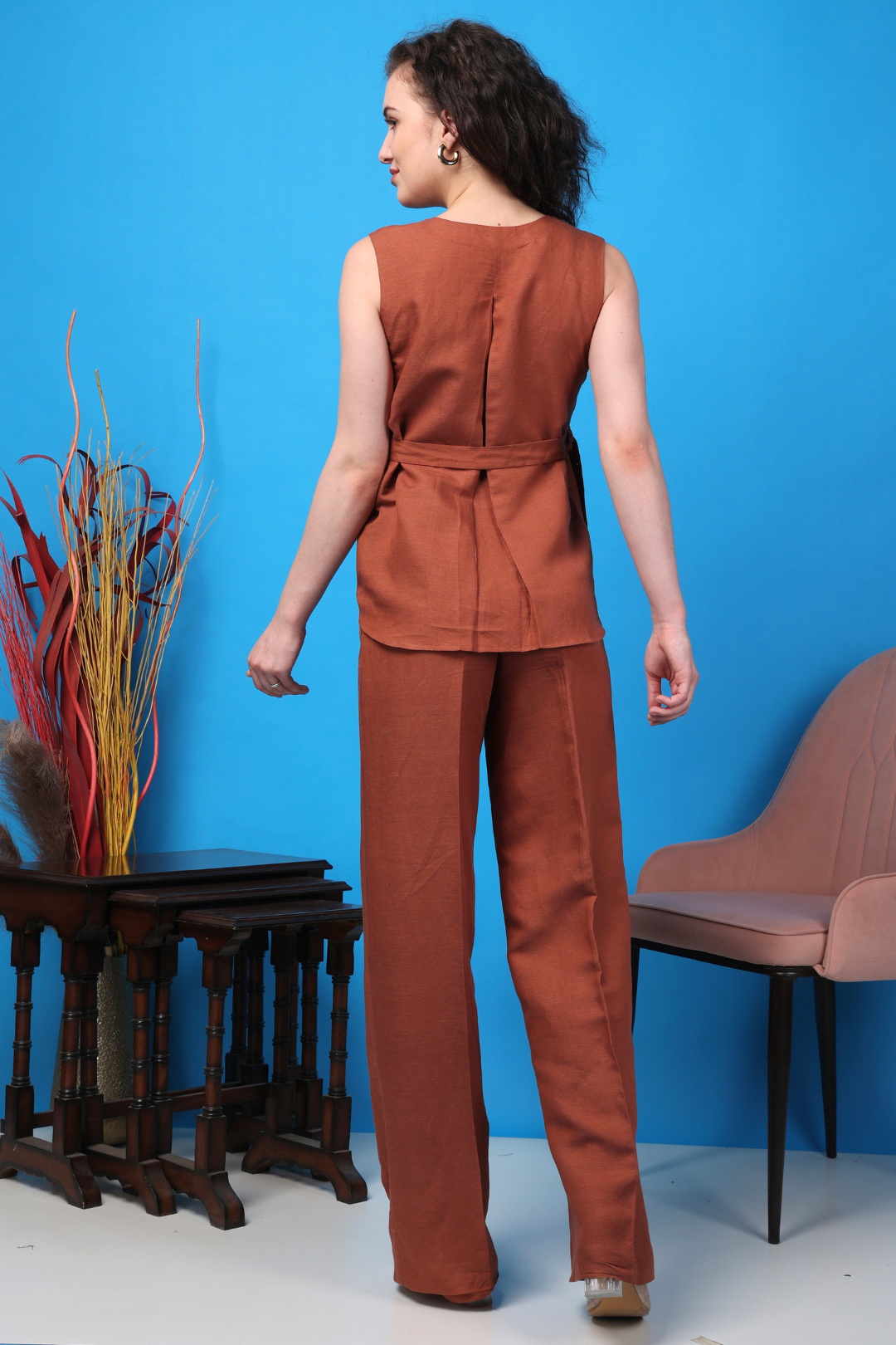 Custom Tailored Bespoke Cotton Linen Flame Orange Women Pants