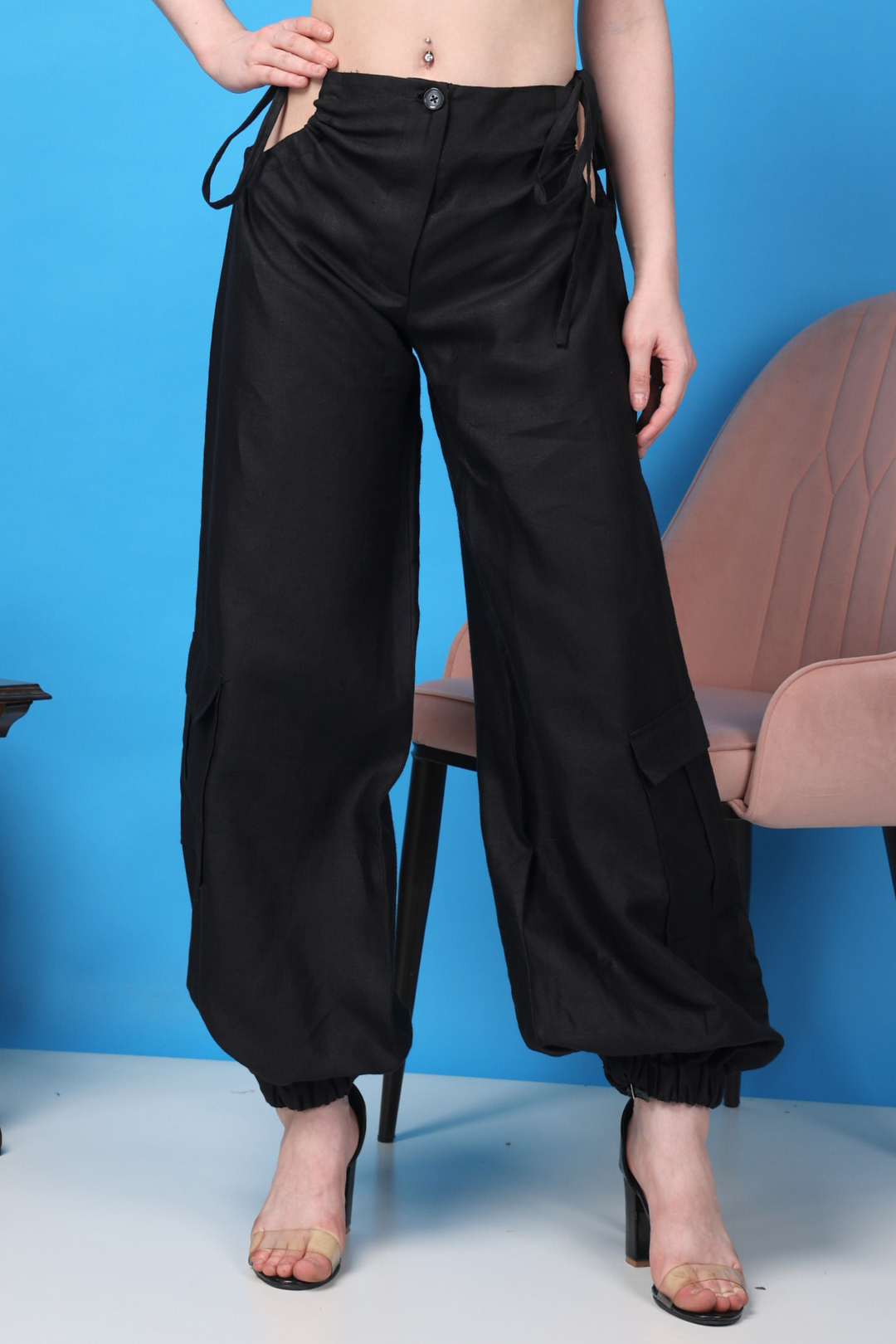 Custom Tailored Bespoke Women Black Linen Cargo Pants & Chrome Satin Crop Shirt