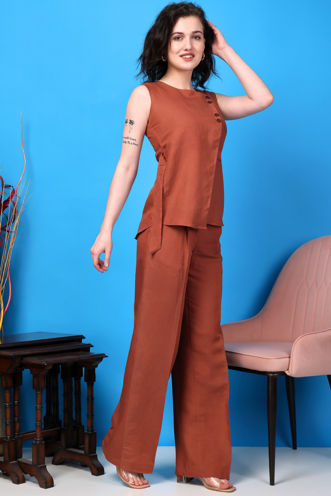 Custom Tailored Bespoke Cotton Linen Flame Orange Women Pants