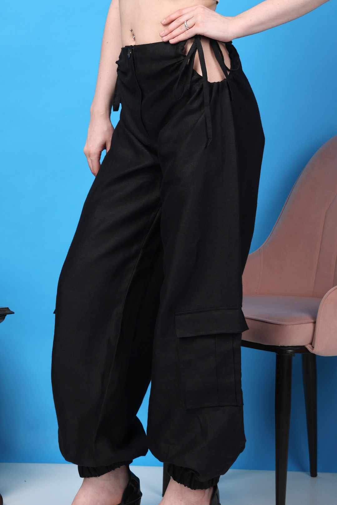 Custom Tailored Bespoke Women Black Linen Cargo Pants & Chrome Satin Crop Shirt